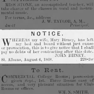 Separation John Mary Birney 21 Aug 1868