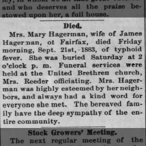 mary hageran died of typhoid james hagerman ~26 sep 1883 *KANSAS PEOPLE