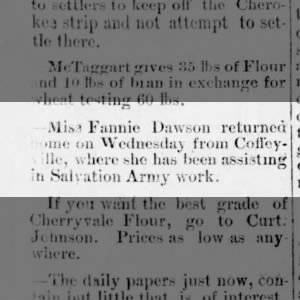 1889 - Fannie Dawson returns from Salvation Army Work