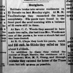 Burglary at R.G. Clay. El Dorado, 07/30/1897