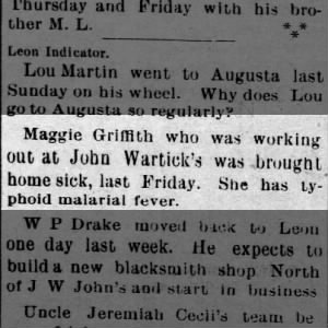 Maggie Griffith with Typhoid Malarial Fever 19 Nov 1897 The El Dorado News Fri Pg 3