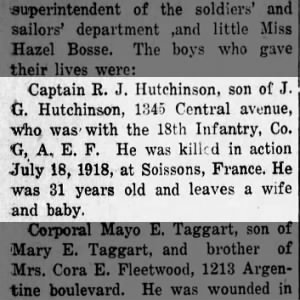 Captain R.J. Hutchinson dies 18th Infantry Co A 7/18/1918 Soissons