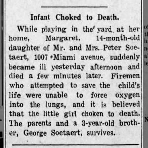 Margaret Soetaert Choked to Death on May 22, 1919 as reported in Kansas City Kansas News - Pg 4