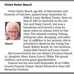 Obituary for Violet Helen Beard
