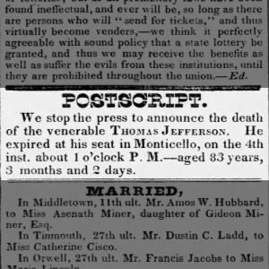 Vermont Statesman
Castleton VT
7/12/1826