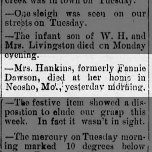 1892 - Death Fannie Dawson Hankins