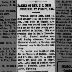 Father of Rev. T. L. Bess Succumbs at Piggot, Ark