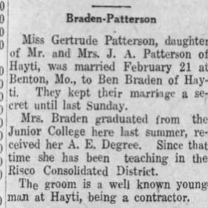 Ben L Braden - Gertrude Patterson 1930 Marriage