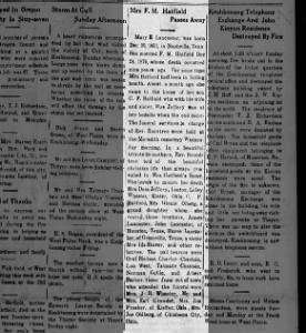 MARY ELLEN LANCASTER HATFIELD, death, Oregon County MO Times Leader, 03 Jul 1930, p1