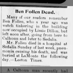 Benjamin F Follin Death Notice