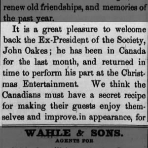 John H Oakes - 1873 returns from visit to Canada