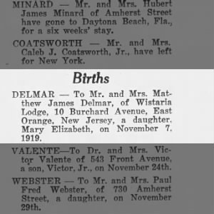 Birth- Mary Elizabeth Delmar
07Nov1919  east orange, NJ