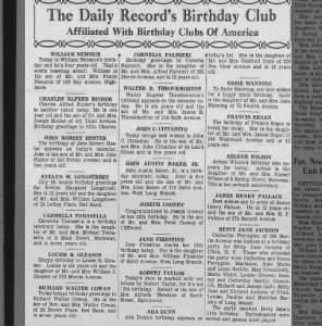 Birthday celebration for Ada Dunn, 16 Jul 1938, The Daily Record, Long Branch, NJ.