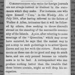 Followers - journalist recommends the arrest of Queen Emma, proposal rejected, 8/5/1874