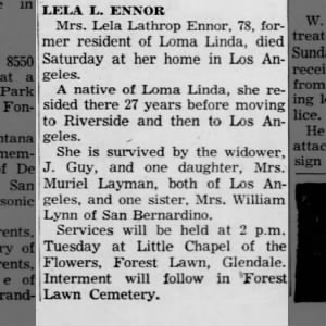 Obituary for Lela Lathrop ENNOR