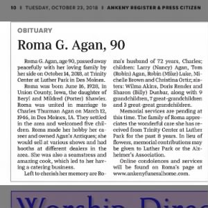 Obituary for Roma G. Agan
