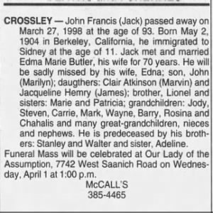 Obituary for CROSSLEY John Francis