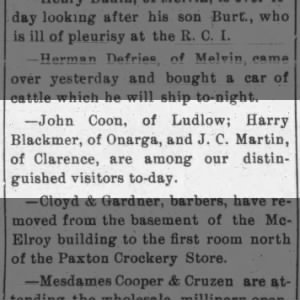 Jesse C Martin from Clarence IL visits Paxton IL 2-22-1898