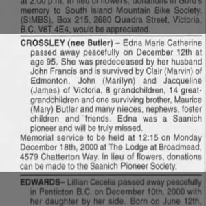 Obituary for Edna Marie CROSSLEY