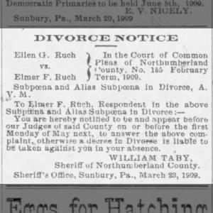 Ellen G & Elmer F Ruch Divorce 4/9/1909