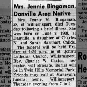 Obituary for Jennie M. Bingaman