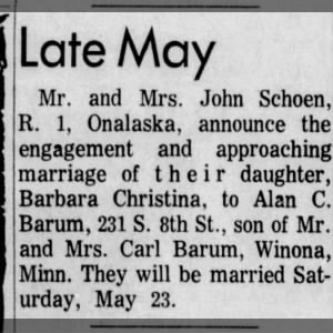 Barbara Schoen and Alan Barum Wedding Announcement