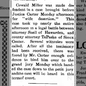 Oswald Miller defendant in wife desertion