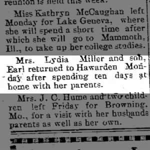 Mrs. Lydia Miller and son return from visiting her parents 