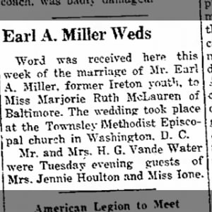 Earl A. Miller weds Marjorie Ruth McLauren