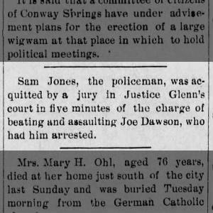 1896-07-25 - The Wichita Eagle - Sam Jones - Sam Jones Acquitted for Joe Dawson