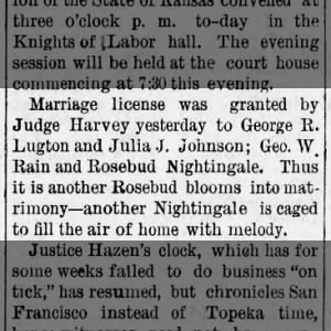 Lugton/Johnson Marriage ~ Weekly State Journal (KS) ~ 17 Jan 1884