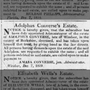 Adolphus Converse Estate
The Pittsfield Sun
Pittsfield, Massachusetts
22 Dec 1819, Wed ·Page 3