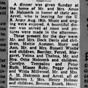 Dinner by Mrs Amos Holcomb - family attended