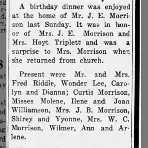 Surprise birthday dinner for Docia Morrison, The Cleburne News - Thu, March 17, 1955 - pg 6