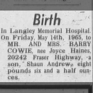 Birth Announcement - Shaun Andrew COWIE, son of Barry Cowie and Joyce Haines