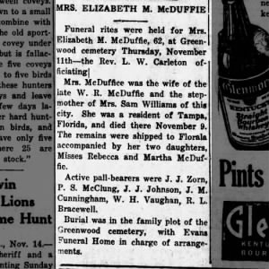 Obituary for ELIZABETH M. McDUFFIE