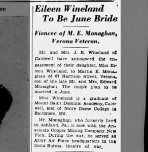 Eileen Wineland d.o. James Earl Wineland marriage announcement