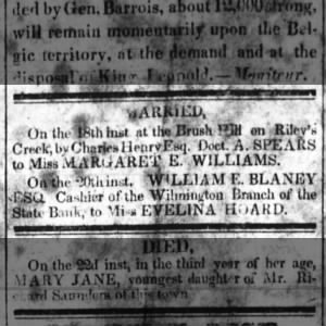 William E. Blaney - Marriage - to Evelina Hoard - Wilmington, North Carolina - Year 1831