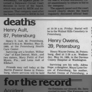 Jasper, IN Herald 25 May 1989 - Death notice Henry S Ault