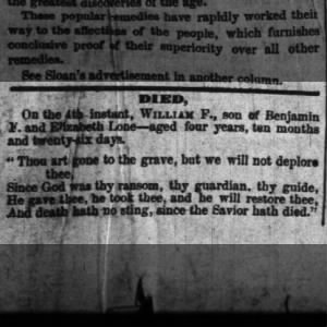 William F Lone Death Notice June 1854 Muscatine IA