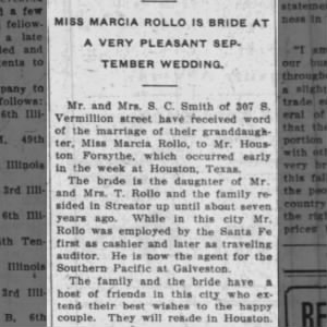 Miss Marcia Rollo married Houston Forsythe, in Houston, Texas, earlier this week. 