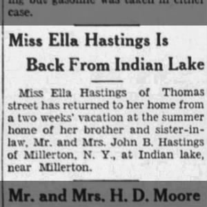 Miss Ella Hastings Is Back Home From Indian Lake