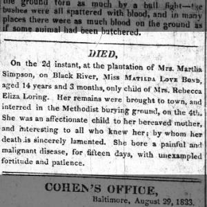 Child of Rebecca Eliza Lorin, Matilda Love Bond, dies at plantation of Mrs Martha Simpson6 Sep 1823