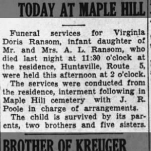 Virginia Doris Ransom Obituary - died  Oct 20, 1932, buried Oct 21, 1932