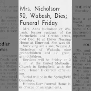 mrs Anna Nicholson dies at 90
plattsmouth journal dec 18 1969
