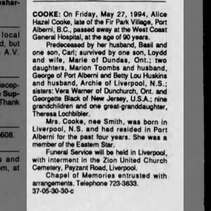 Obituary for Alice Hazel COOKE