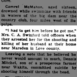 Swinford, C.A. Murder/Self Defense? 8 Aug 1919 Fri Pg 2 Boynton, Oklahoma