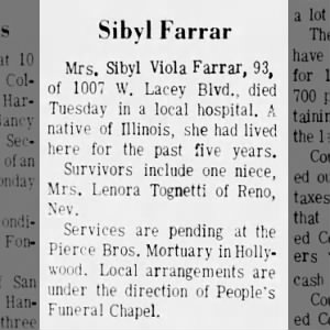 Death of Sibyl Viola (Everham) Farrar.
