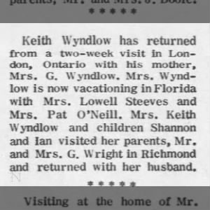 Keith Wyndlow visits mother in London, Ont. for two weeks. March 30,  1967