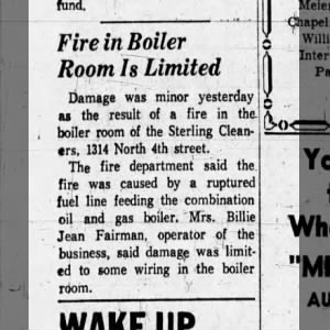 Fire in Boiler Room at Sterling Cleaners caused minor damage. St Joe Gazette 6 17 1959